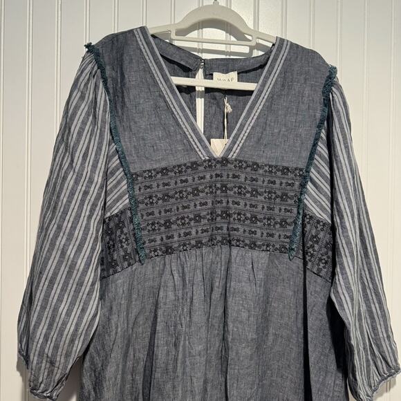 Wrap London Linen Embroidered Midi Dress Boho Lagenlook Blue Gray NEW Size 18 - Picture 2 of 7